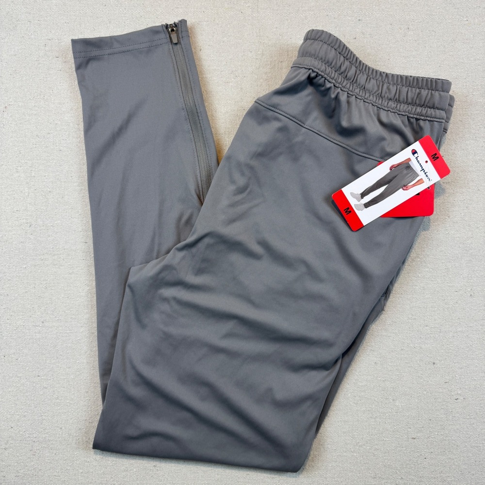Champion Size M Athletic Jogger Pants Mens Grey Ankle Zip Drawstring Tapered Fit